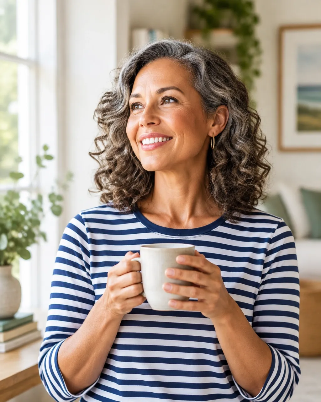 A smiling midlife woman enjoying a quiet moment with a cup of tea